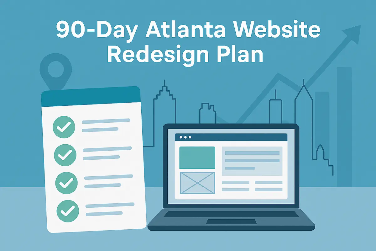 A 90-day calendar or checklist with icons representing strategy, development, and promotion for an Atlanta website redesign.