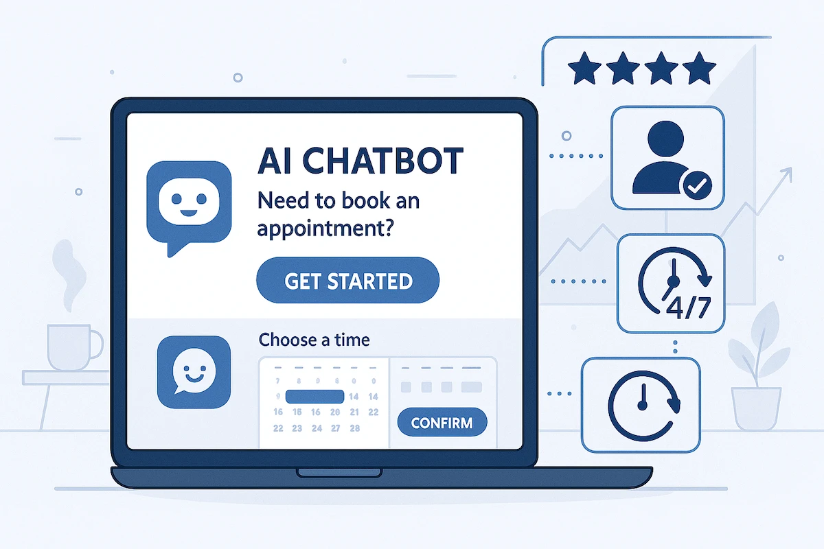 An AI chatbot conversation on a smartphone, booking an appointment for a local service business.