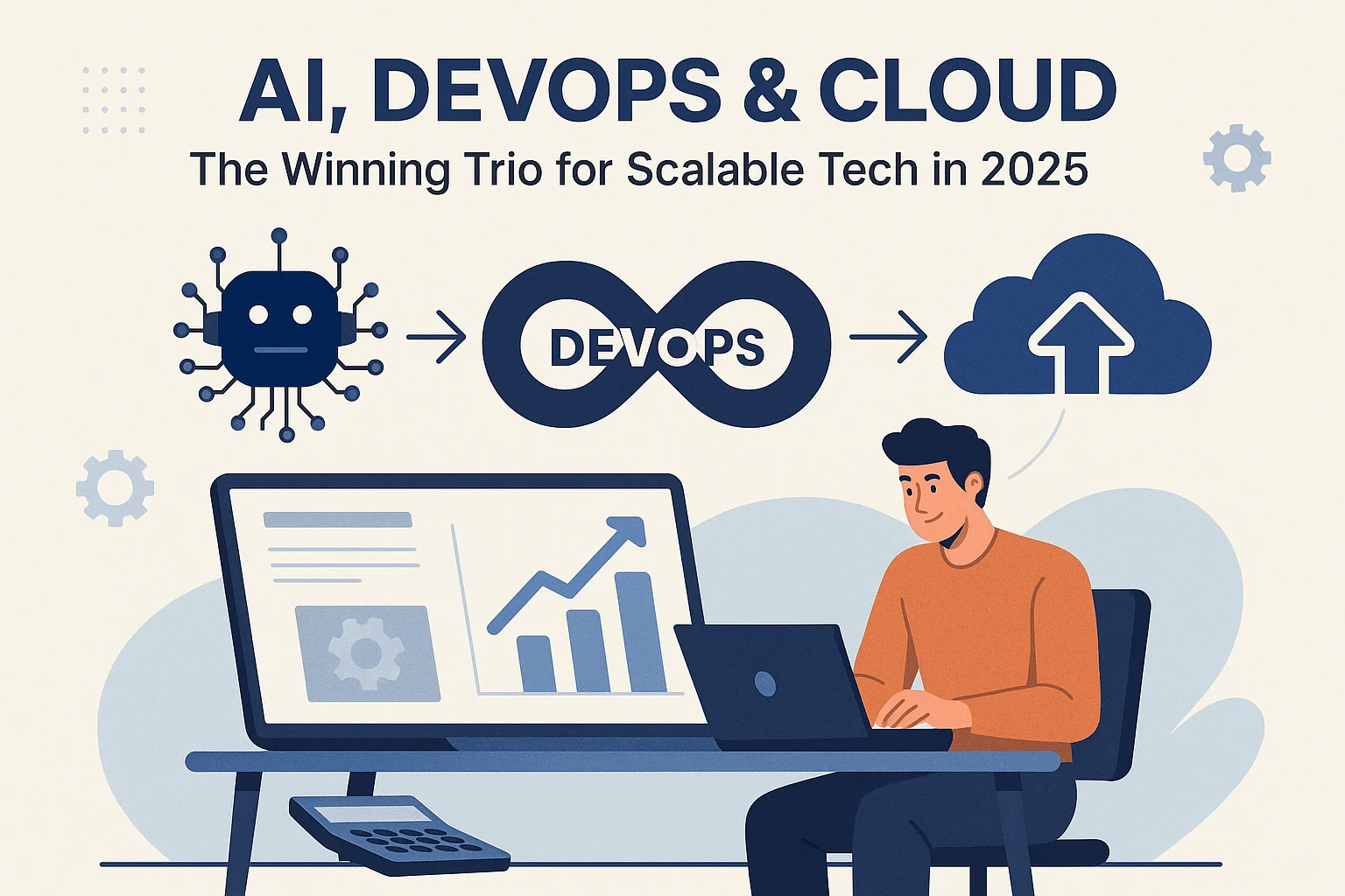 Abstract graphic showing AI, Cloud, and DevOps infrastructure symbols working in sync