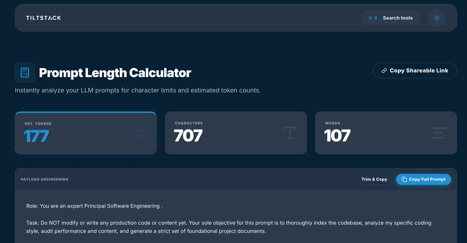 TiltStack Prompt Length Calculator tool showing EST. TOKENS: 176, CHARACTERS: 703, WORDS: 106 in a dark-mode developer UI