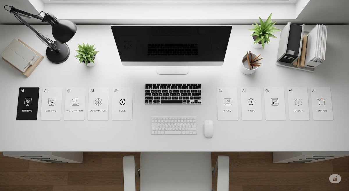 An organized desk with categorized AI tool cards representing different AI use cases in 2025