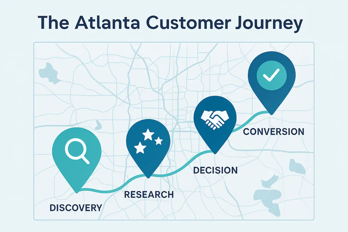 A map of Atlanta with icons representing the different stages of the local customer journey: discovery, research, decision, and conversion.