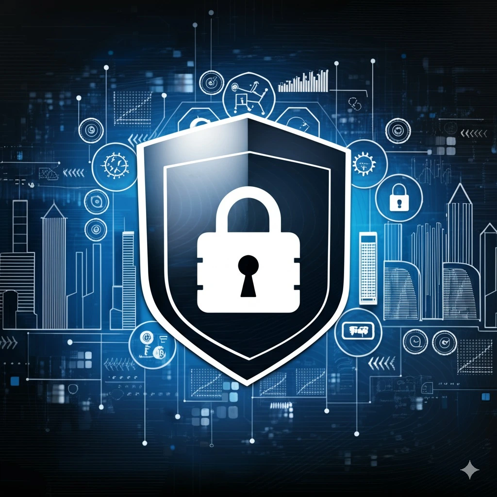 Shield protecting Atlanta skyline, symbolizing cybersecurity for small businesses