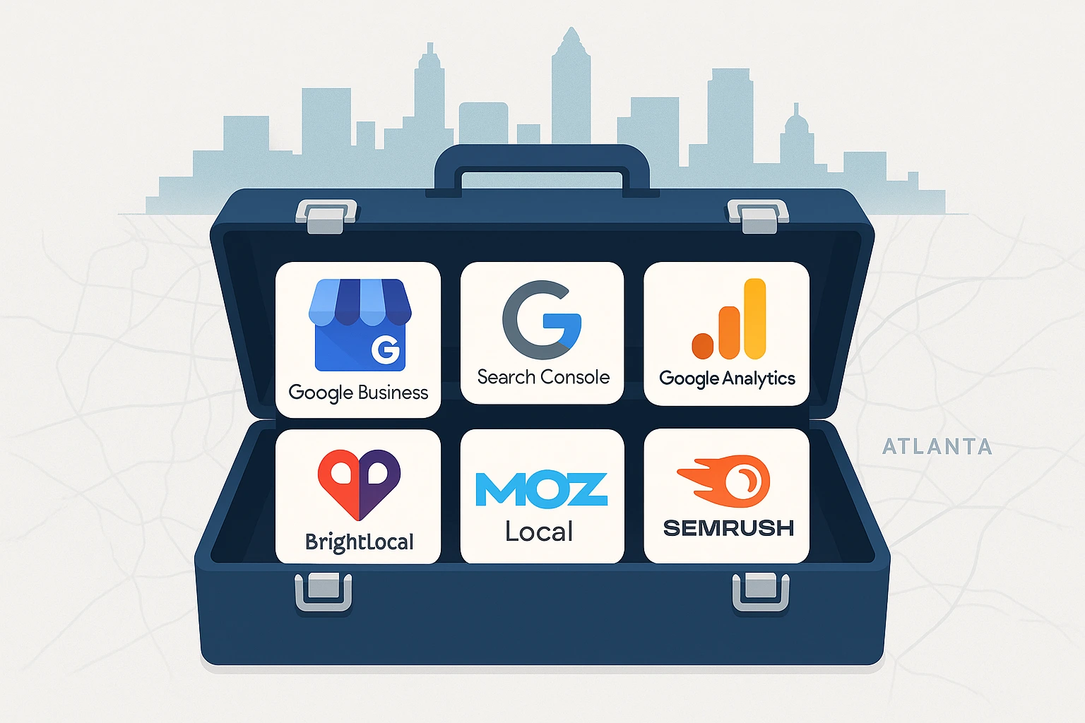 A digital toolbox filled with icons of popular local SEO tools and Atlanta-specific resources.