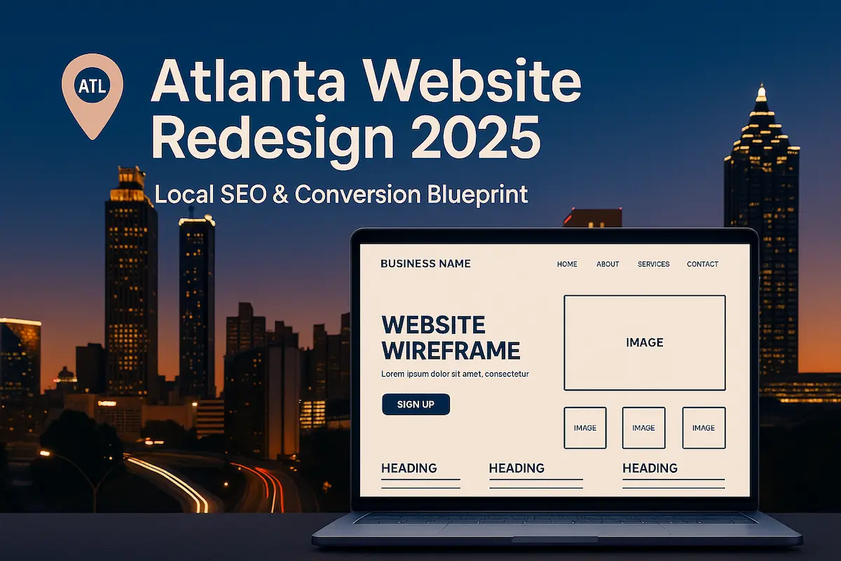 The Atlanta skyline with a digital overlay representing a website redesign and local SEO optimization.