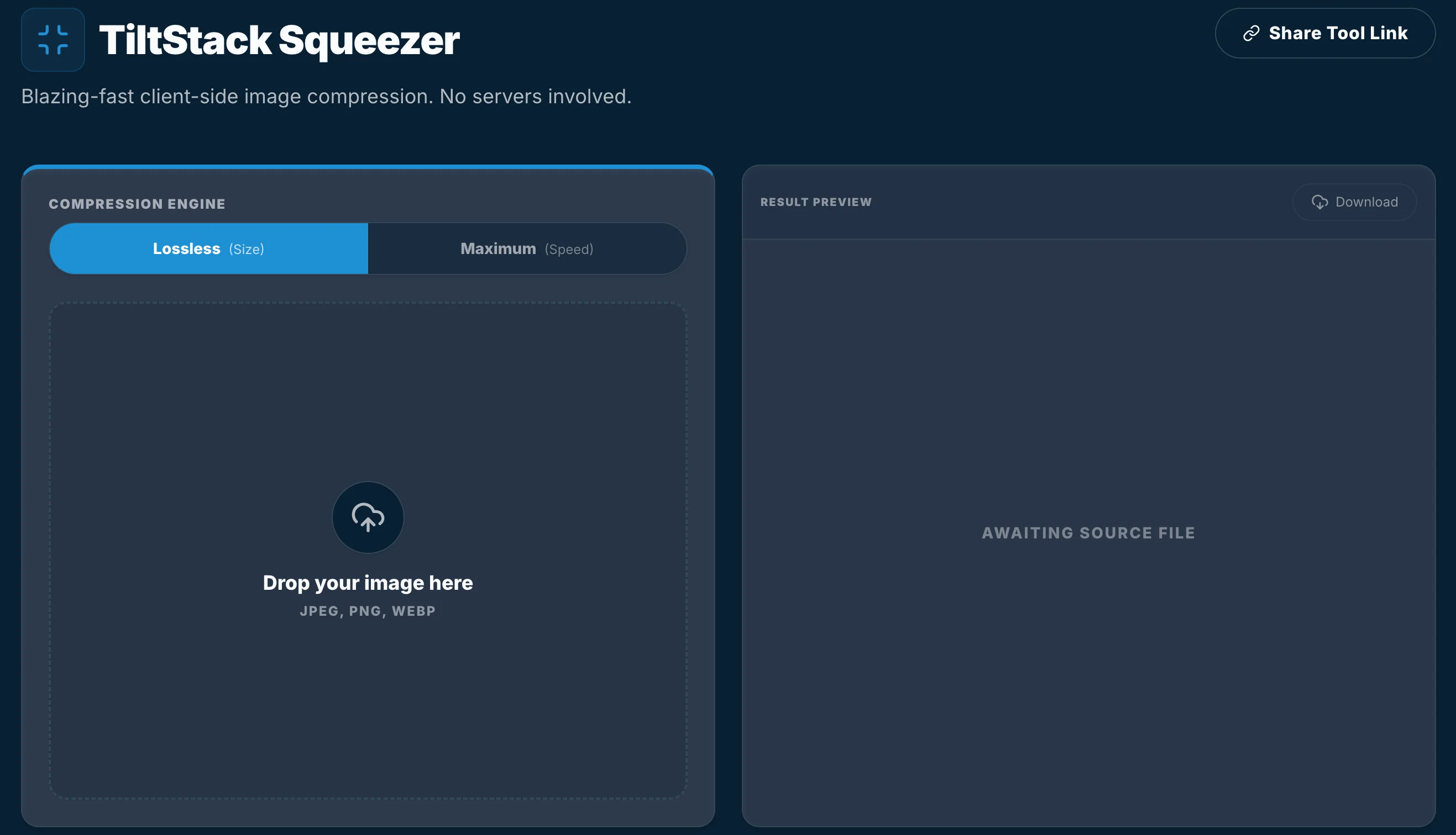 TiltStack Squeezer interface showing local bulk image compression