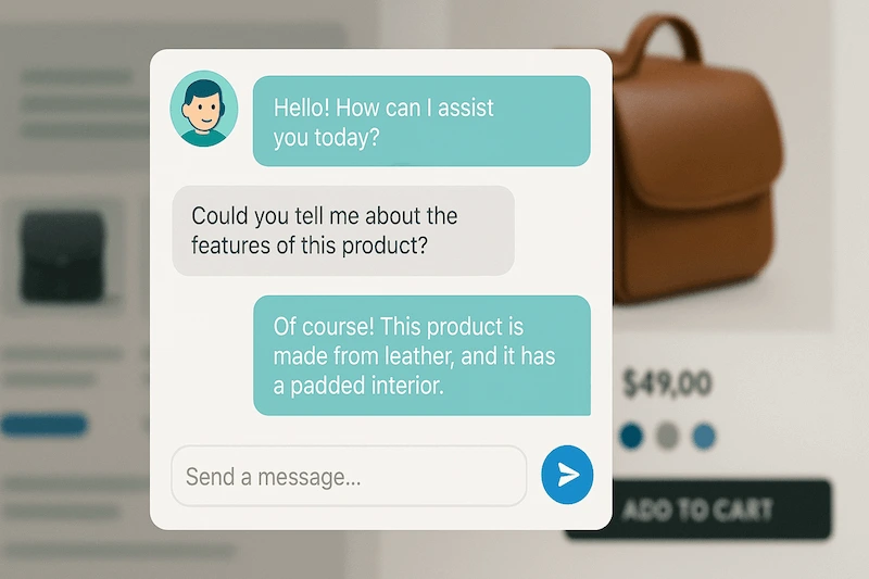 An AI chatbot interface on a modern e-commerce website, helping a customer with product recommendations and order status.