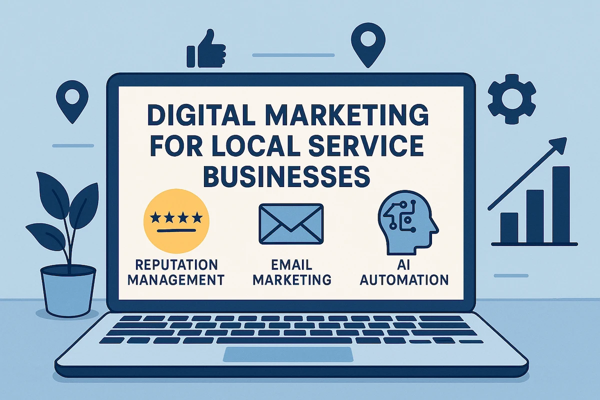 Icons representing local business services, digital growth, reputation stars, and AI automation