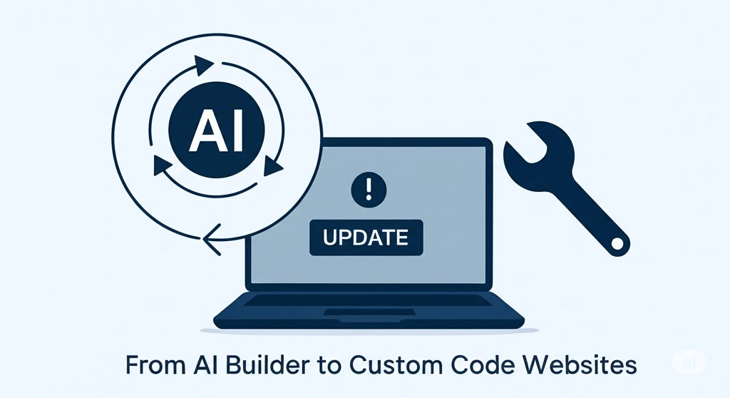 Developer hands transforming a generic AI-built website into a custom-coded, high-performance site