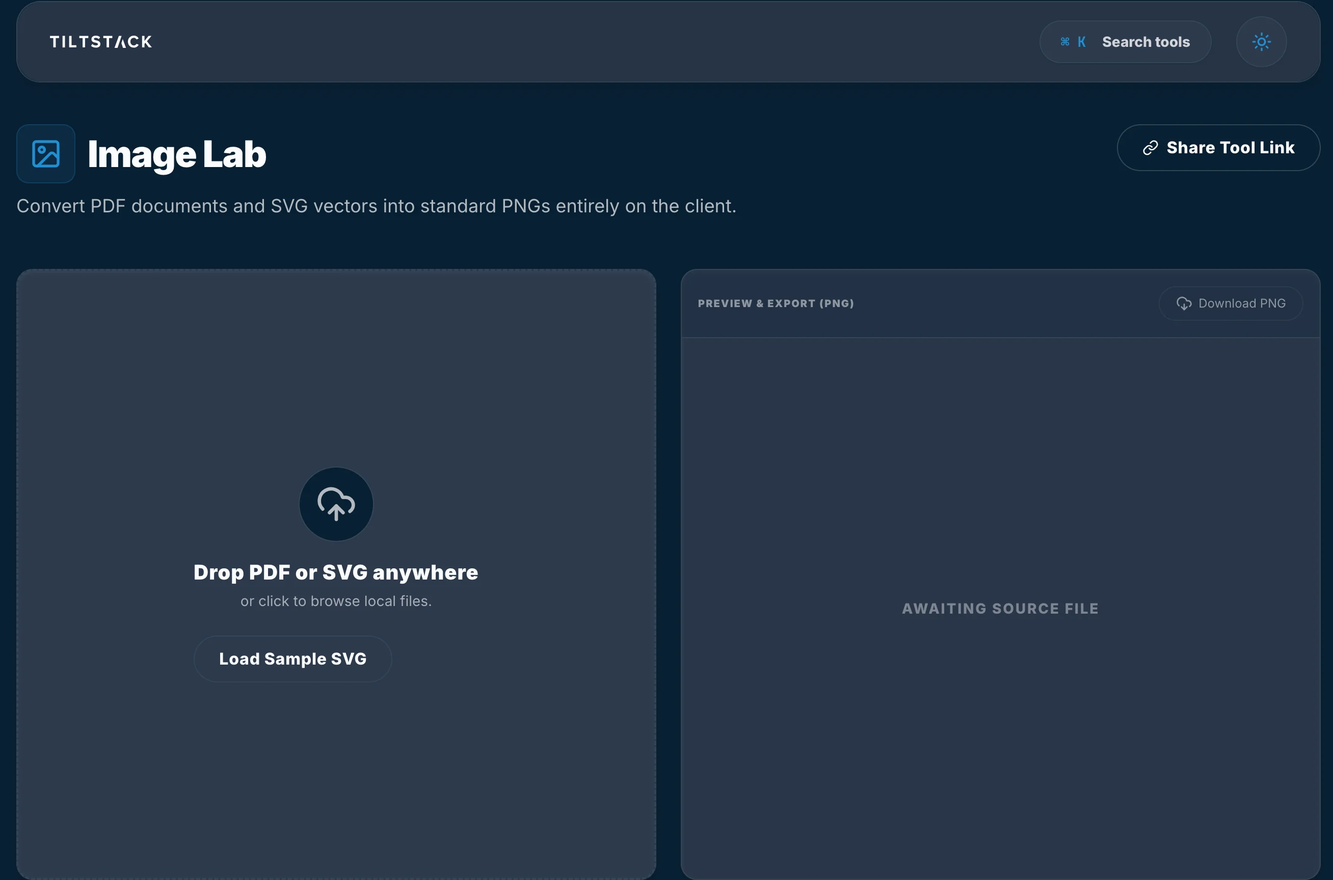 TiltStack Image Lab interface showing client-side PDF to PNG conversion