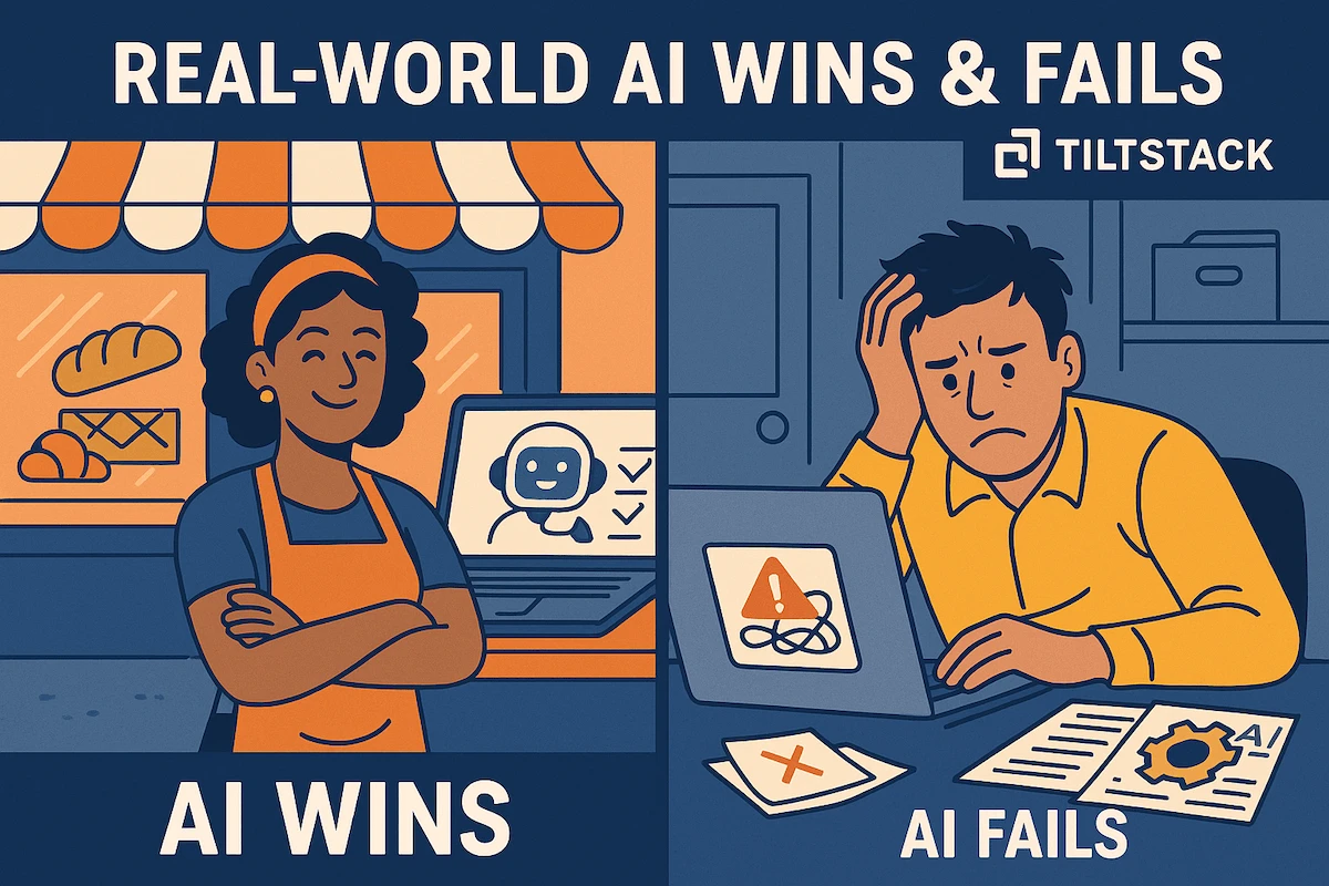 Split image concept showing a thriving local business using AI effectively versus a frustrated owner with failed AI tools