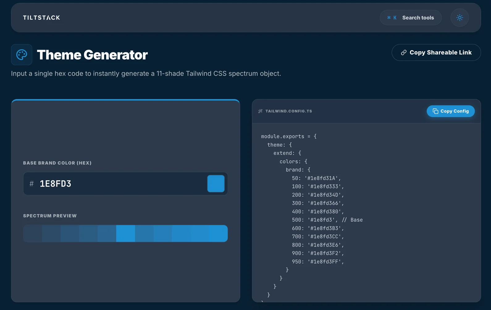 TiltStack Tailwind CSS Palette Generator showing a full 50–950 color scale generated from a custom brand hex code