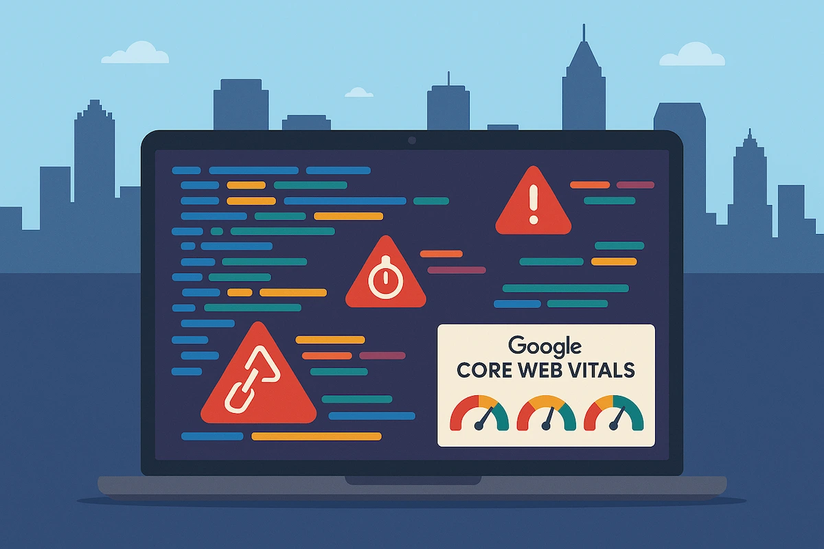 An illustration of a website's code with red warning signs highlighting hidden technical SEO errors.