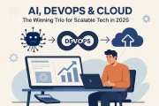 Abstract graphic showing AI, Cloud, and DevOps infrastructure symbols working in sync