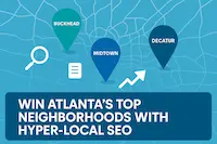 A map of Atlanta highlighting the distinct neighborhoods of Buckhead, Midtown, and Decatur for a hyper-local content strategy.