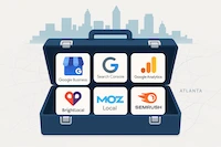 A digital toolbox filled with icons of popular local SEO tools and Atlanta-specific resources.