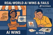 Split image concept showing a thriving local business using AI effectively versus a frustrated owner with failed AI tools