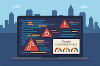 An illustration of a website's code with red warning signs highlighting hidden technical SEO errors.