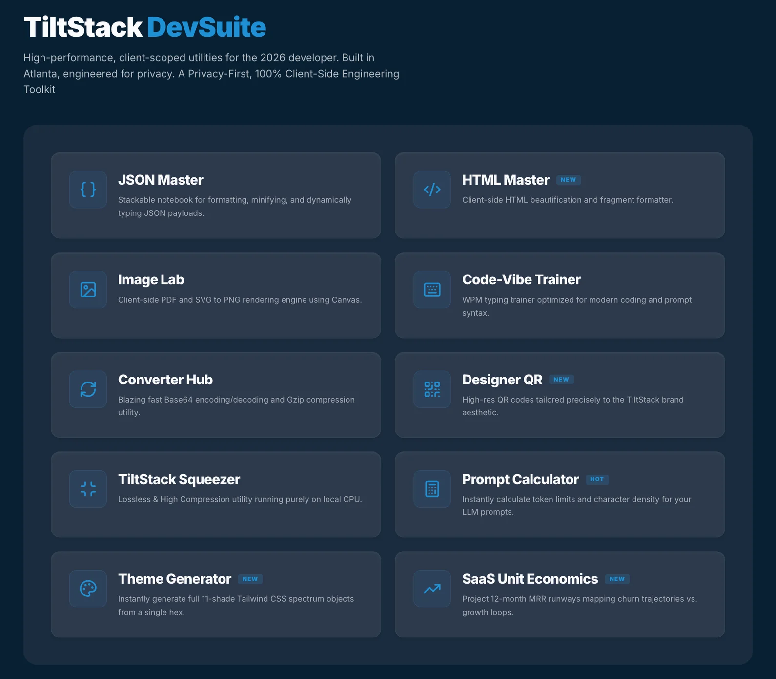 TiltStack DevSuite homepage showing the full suite of 11 browser-native developer tools