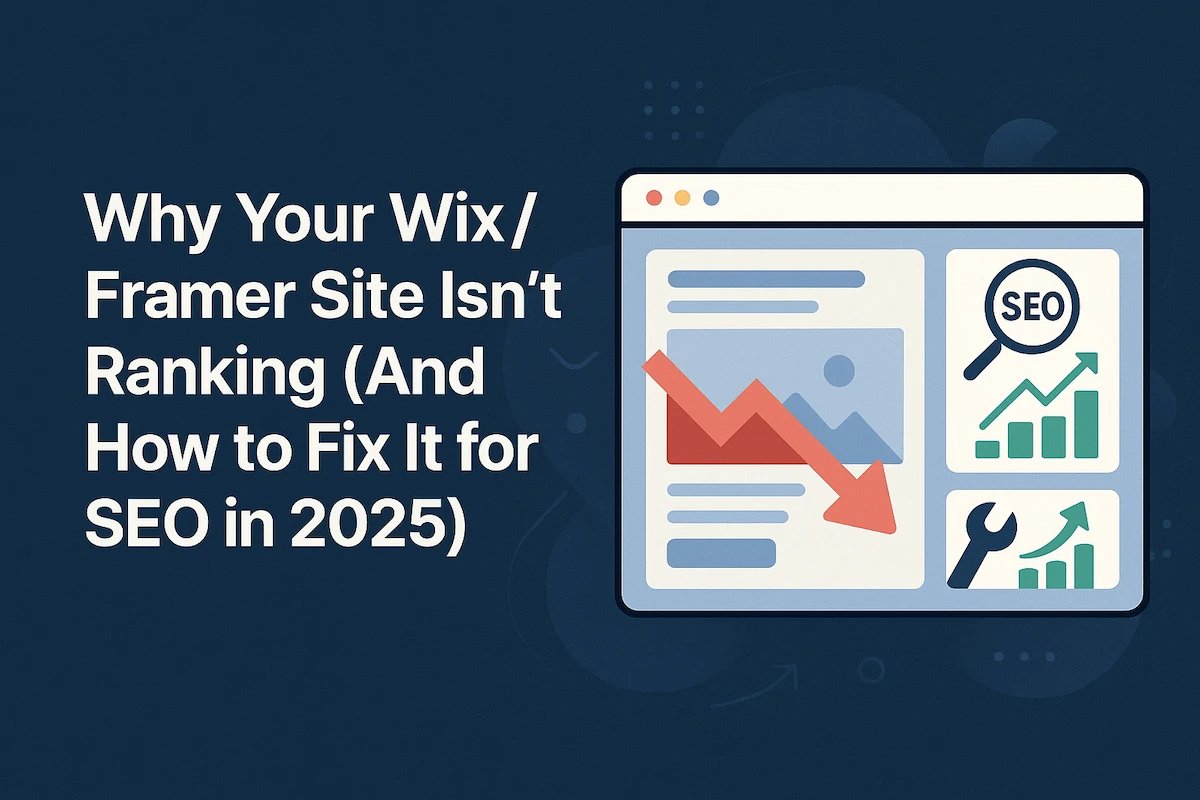 Frustrated user reviewing poor SEO results on a Wix or Framer AI-built website dashboard